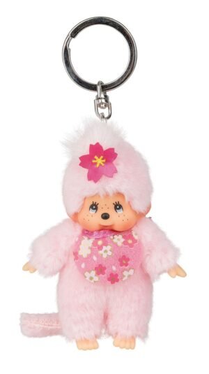 Original Monchhichi Girl Cherry Blossom Keyring Approx 10 cm Large Pink Plush Pendant for Backpacks