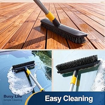 Telescopic Handle 2 in 1 Scrape Brush Stiff Bristle Shower Scrubber for Cleaning Patio Bathroom Garage Kitchen Wall Deck Tub Tile